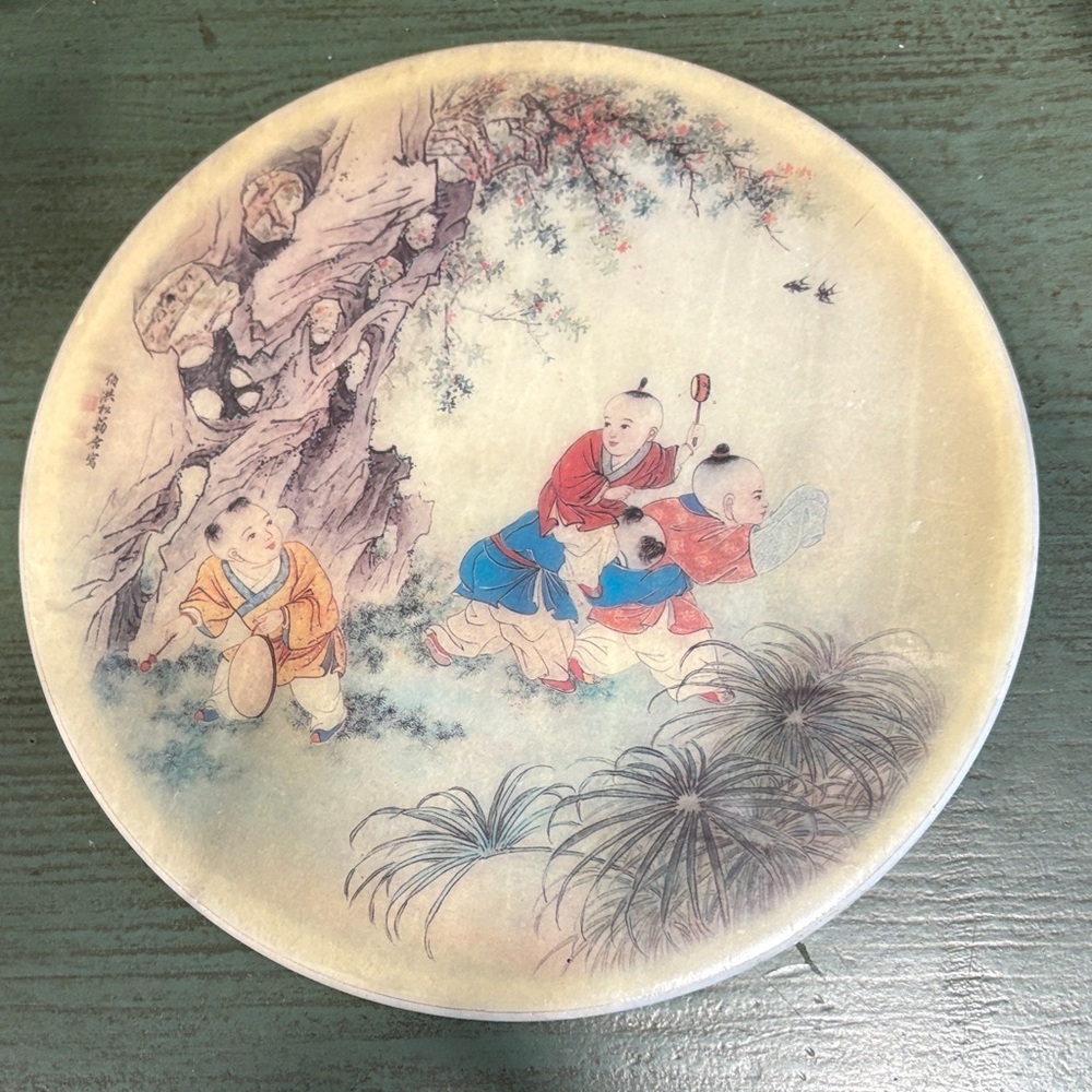 Vintage Marble Chinese Round Plate with Children Illustration
